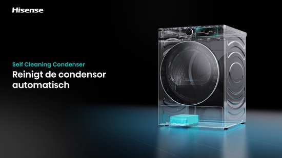 Hisense droger met Self Cleaning Condenser. Reinigt de condensor automatisch. Transparant model toont de binnenkant van de droger.