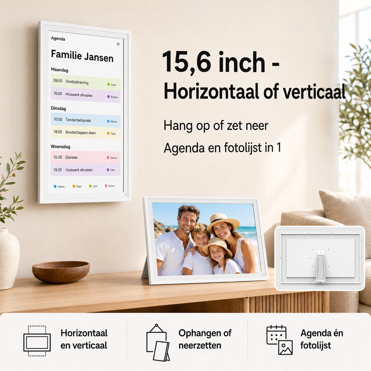 Elcostar® PRO Digitale Kalender & Digitale Fotolijst in 1 - 15,6 inch - Full HD Touchscreen - Slimme Gezinsplanner - Digitale Takenlijst - Interactief Haarddisplay - Montage voor Wand en inclusief standaard - Moeiteloze planning & overzicht thumbnail 6