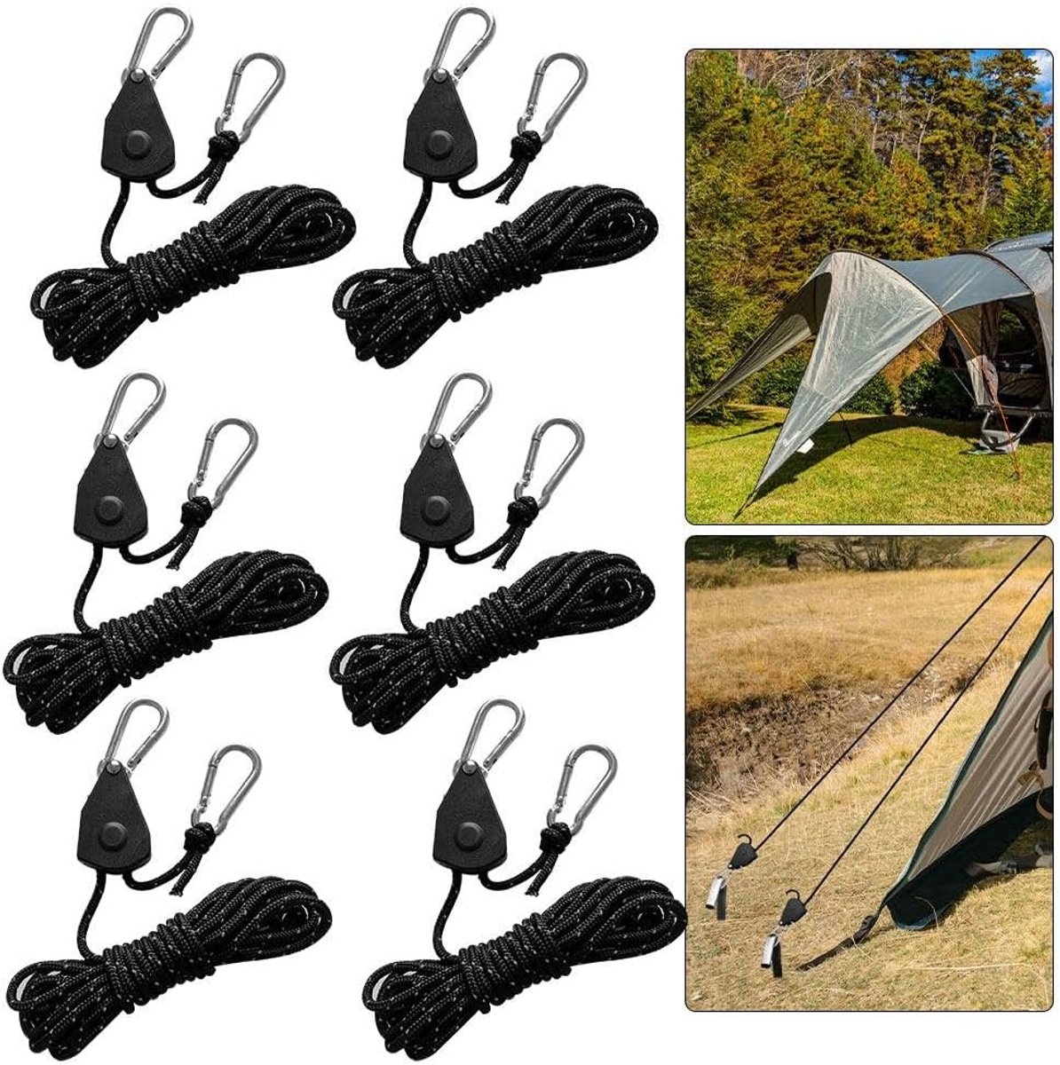 Set van 6 Reflecterende Nylon Spanbanden van 5 m, 4 mm Katrol met Verstelbare Spanning voor Kamperen, Tentbevestiging en Zeilgebruik