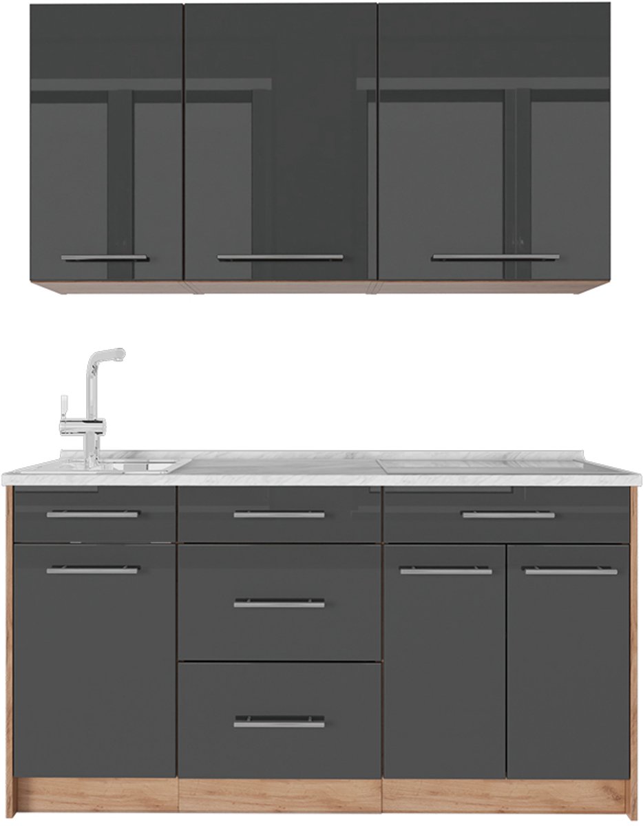 Vicco Eenpersoonskeuken Fame-Line, Antraciet Hoogglans/Goudkleurig Eiken, 150 cm, WB Marmer