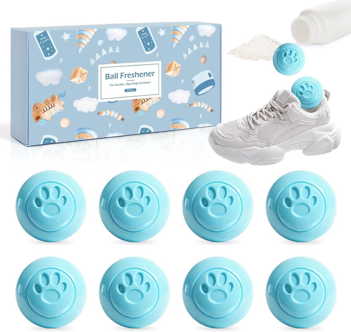 Deodorizer ballen voor sportschoenen en tassen, 8 stuks, babypoudergeur, geurverdrijver voor kluisjes en sportuitrusting
