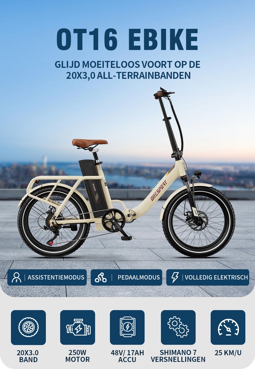 ONESPORT-Opvouwbare elektrische stadsfiets-120 km ondersteuning-816Wh grote accu-20x3.0 inch brede banden-250W stille motor-40Nm koppel-48V17Ah-voor-achter schijfrem-vering-bluetooth-weiß thumbnail 5