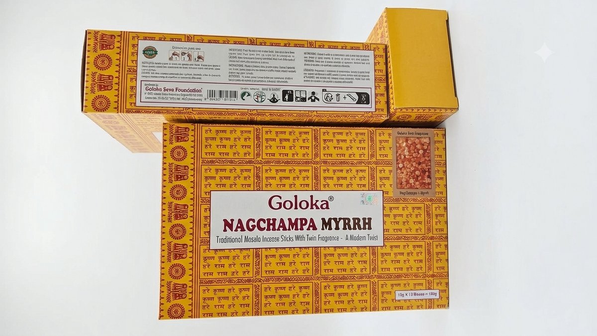Goloka Nagchampa Wierookstokjes – 180g Voordeelverpakking (12 x 15g) – Authentieke Nagchampa & Myrrh Geurmix – Premium Kwaliteit Masala Wierook Met Kajal Sticker