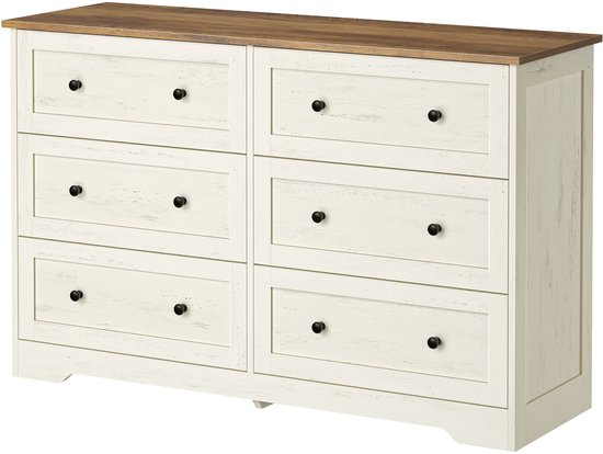 Commode blanche à 6 tiroirs et plateau en bois. Façades patinées.
