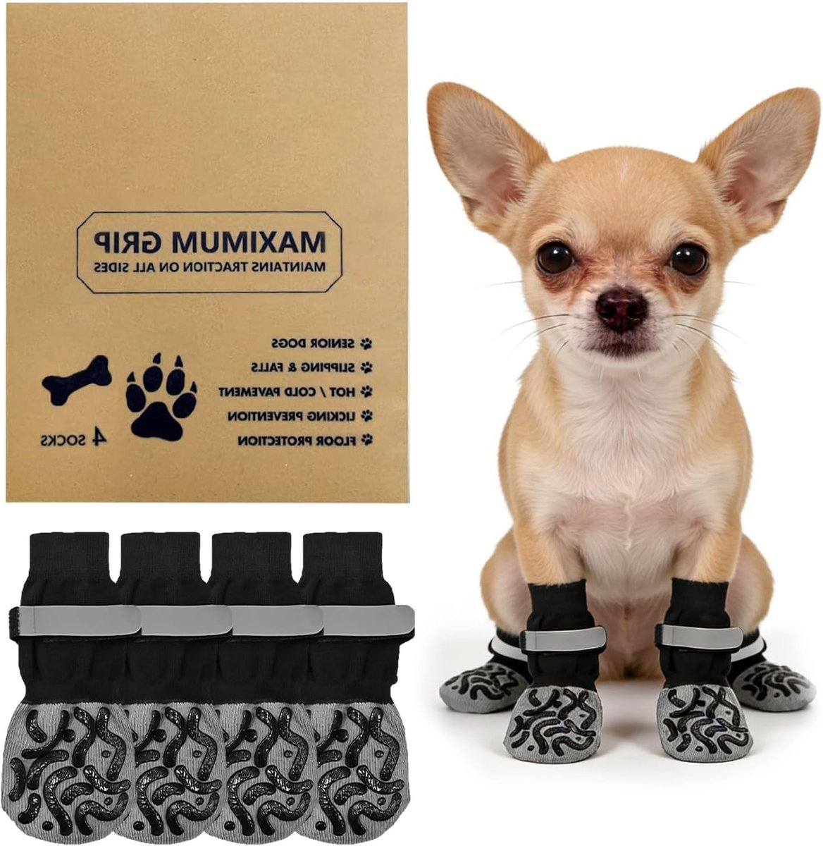 Niet-slip honden sokken met verstelbare banden - 2 paar honden schoenen voor pootbescherming op hardhouten vloeren, comfortabel en veilig (Zwart, XS)