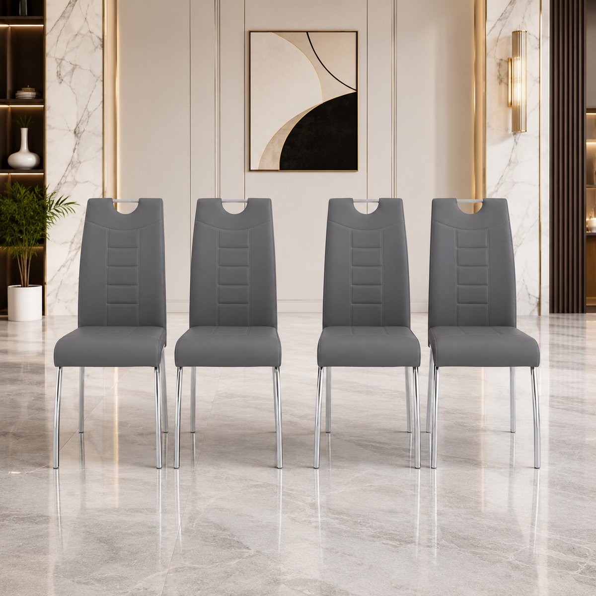 Set van 4 Eetkamerstoelen Grijs Kunstleer – Moderne Andrea Design Stoelen met Chroom Rond