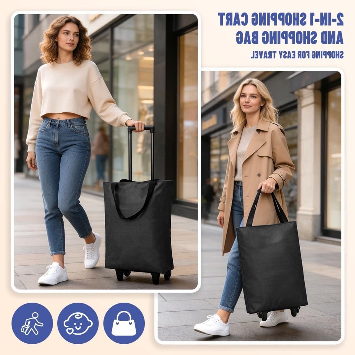 Vouwbare 30L Winkelwagentje - Lichtgewicht 2-in-1 Shopping Trolley met Tas voor Camping, Reizen en Supermarkt tot 25 kg (Zwart)