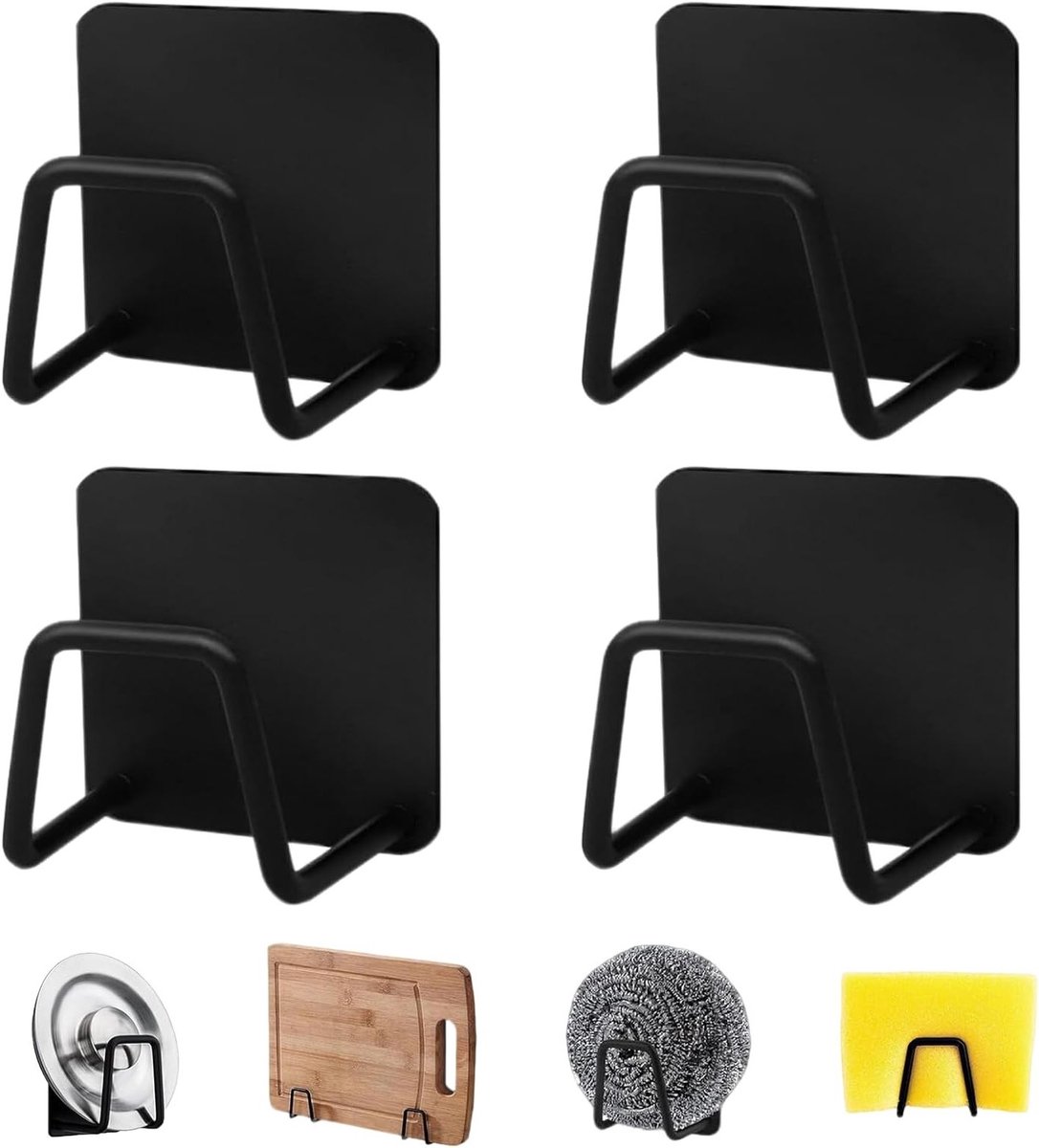 Set van 4 zelfklevende spons houders van roestvrij staal voor keuken, badkamer en slaapkamer zonder boren, ideaal voor het organiseren van schoonmaakaccessoires en ruimtebesparing