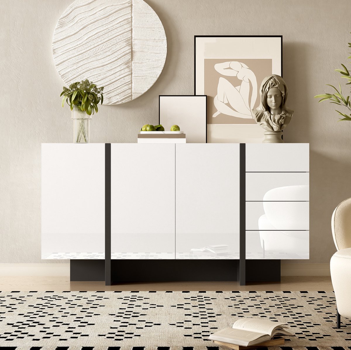 MEUNIQ Dressoir 150 x 40 x 80,5 cm wit hoogglans met zwarte accenten, 2 deuren en 4 lades, sideboard voor woonkamer of eetkamer