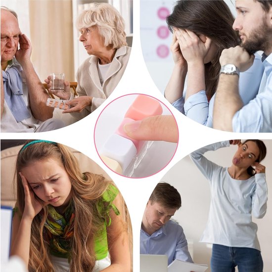 Collage van afbeeldingen die stress uitbeelden: een oudere man met hoofdpijn, een stel dat ruzie maakt, een vrouw met haar handen voor haar gezicht, een meisje met een migraine en een gestreste man aan het werk. Een close-up toont vingers die met roze en witte fidgets spelen.