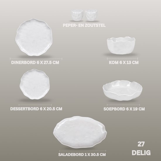 Een 27-delige set wit serviesgoed, inclusief maten voor dinerborden, dessertborden, kommen en slakommen.