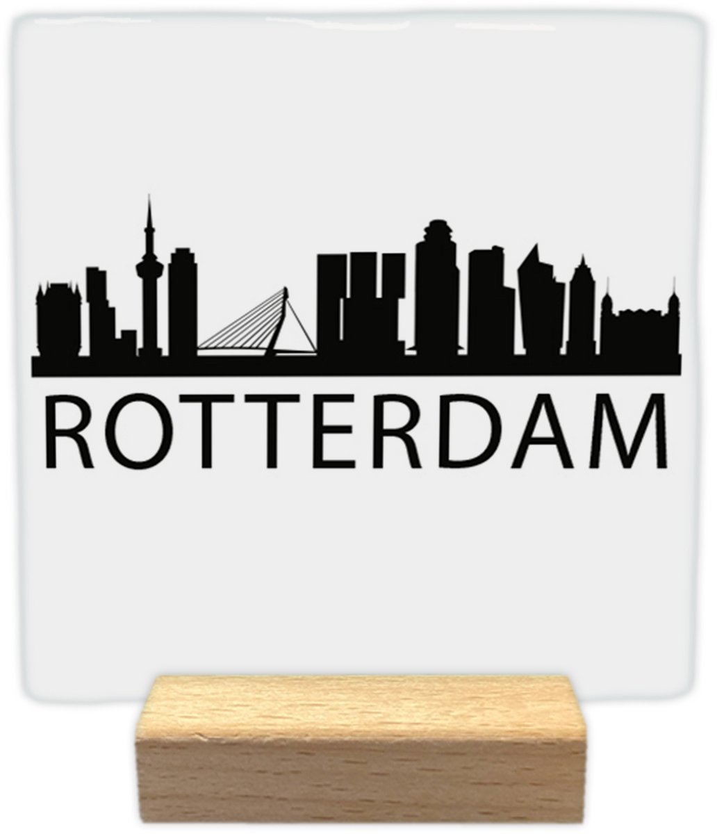 Artige Decoratie tegeltje met tekst - Rotterdam skyline - keramisch - 10x10 cm - inclusief houder Wt