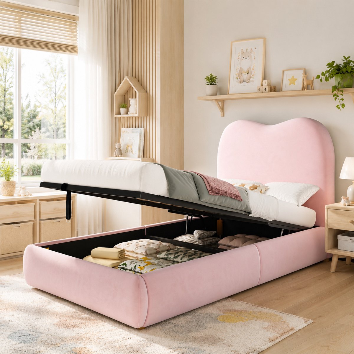 Kinderbed 90x200 cm - Eenpersoonsbed 90x200 cm - Gestoffeerd bed - Opbergbed - hydraulisch bed - Hoofdbord met zachte bekleding - Houten Lattenbodem - Met Opbergruimte - Eenvoudige Montage - Roze