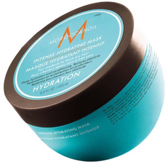 Bruine Moroccanoil pot met turquoise label. "Intense Hydrating Mask" en "Hydration" staan op de pot.