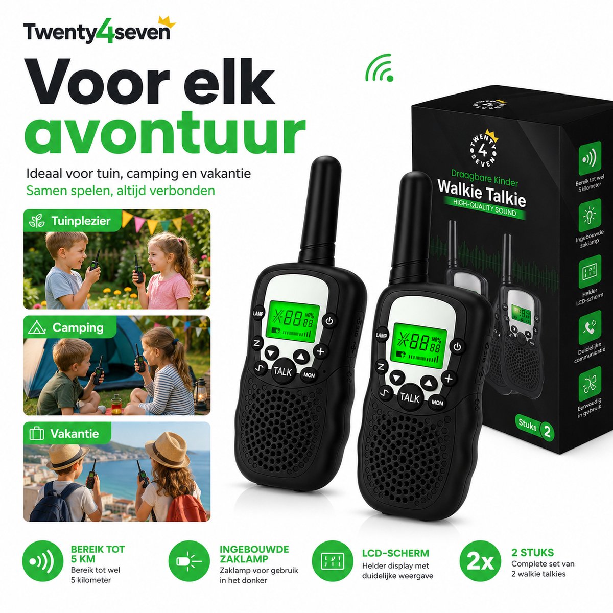 Twenty4seven® Walkie Talkie Kinderen 2 Stuks - Portofoon voor Volwassenen met 5km Bereik - Buiten Spelen, Camping & Bos - Kerst & Sinterklaas Cadeau — cadeau in Gadgets - foto 8