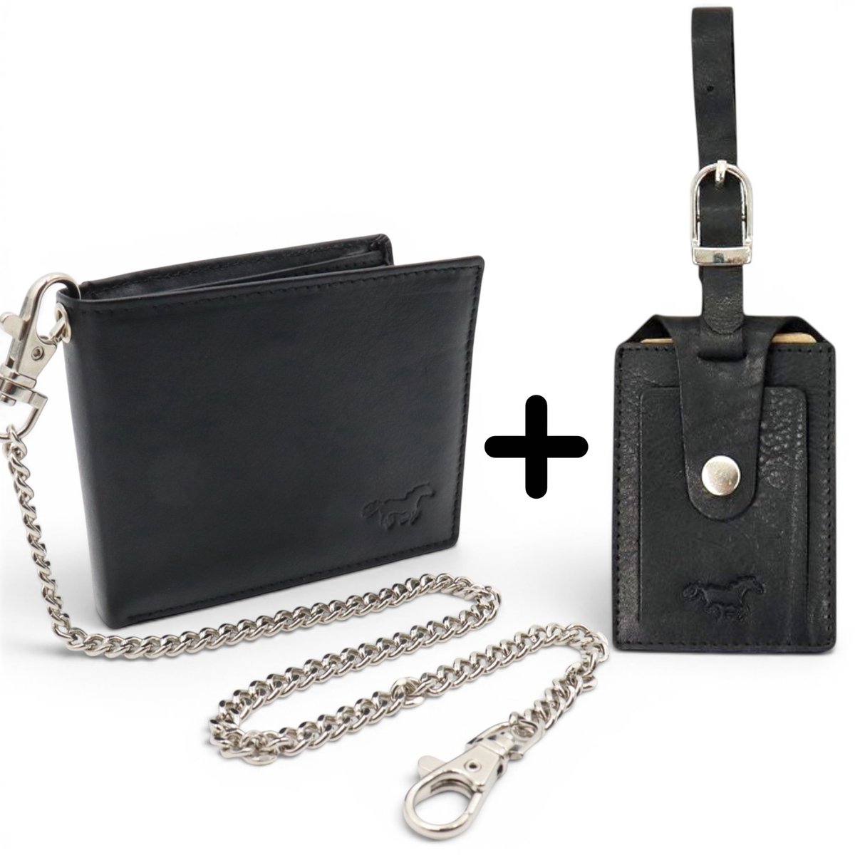 Safekeepers Luxe Reisset – RFID Leren Portemonnee met Ketting (40 cm) & Privacy Bagagelabel – Echt Rundleer – Zwart