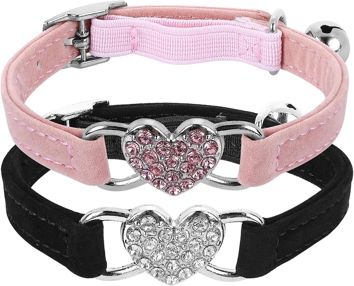 Verstelbare kattenhalsband met bel en veiligheidssysteem, rhinestone halsband voor kleine katten en honden in roze en zwart