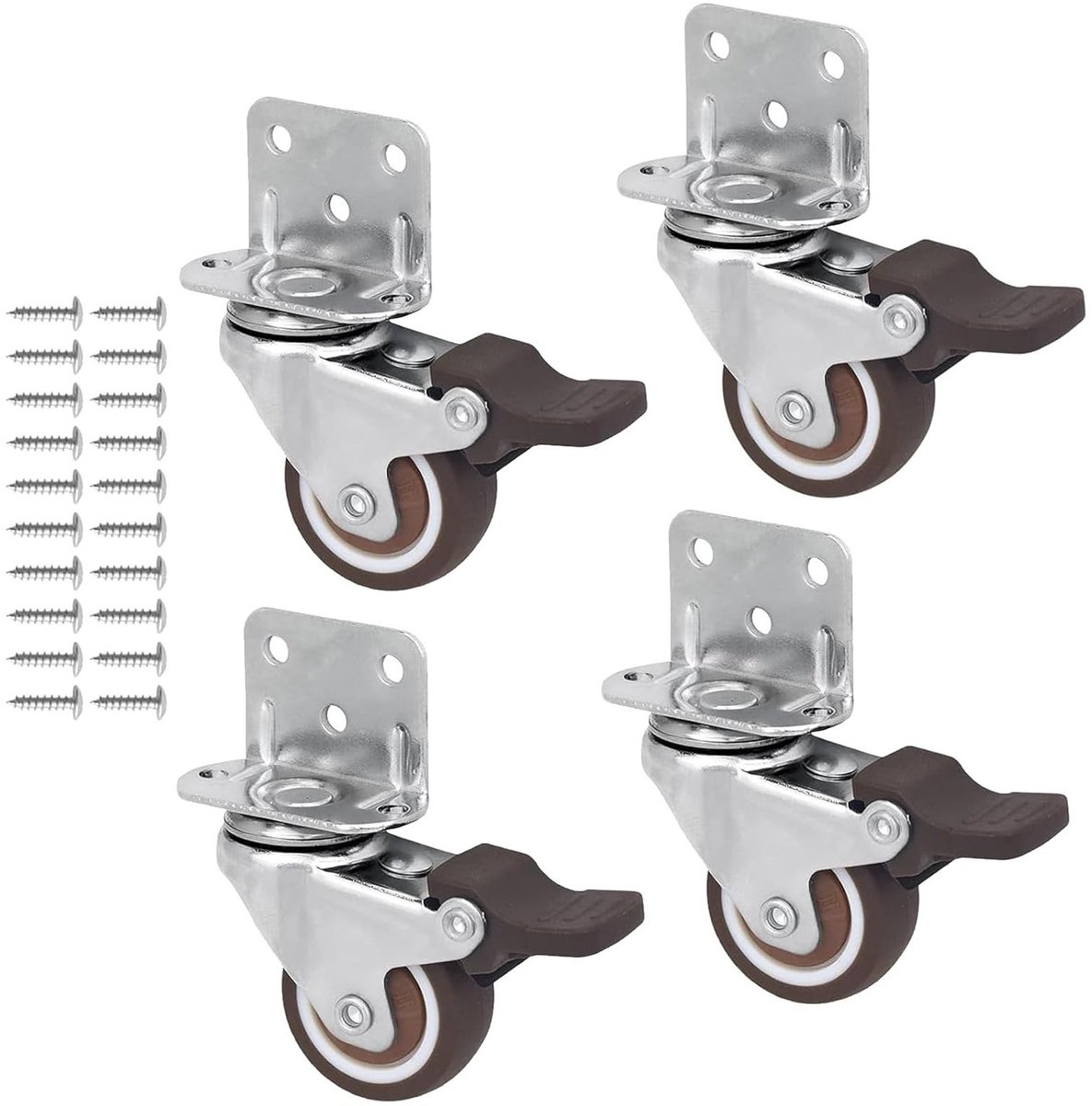 Set van 4 Meubelwielen met 20 Schroeven, 360° Draaibare Zwenkwielen met Rem, Stevige Wielen voor L-Vormige Assemblage, Ideaal voor Bloemenrekken, Tafels en Karren