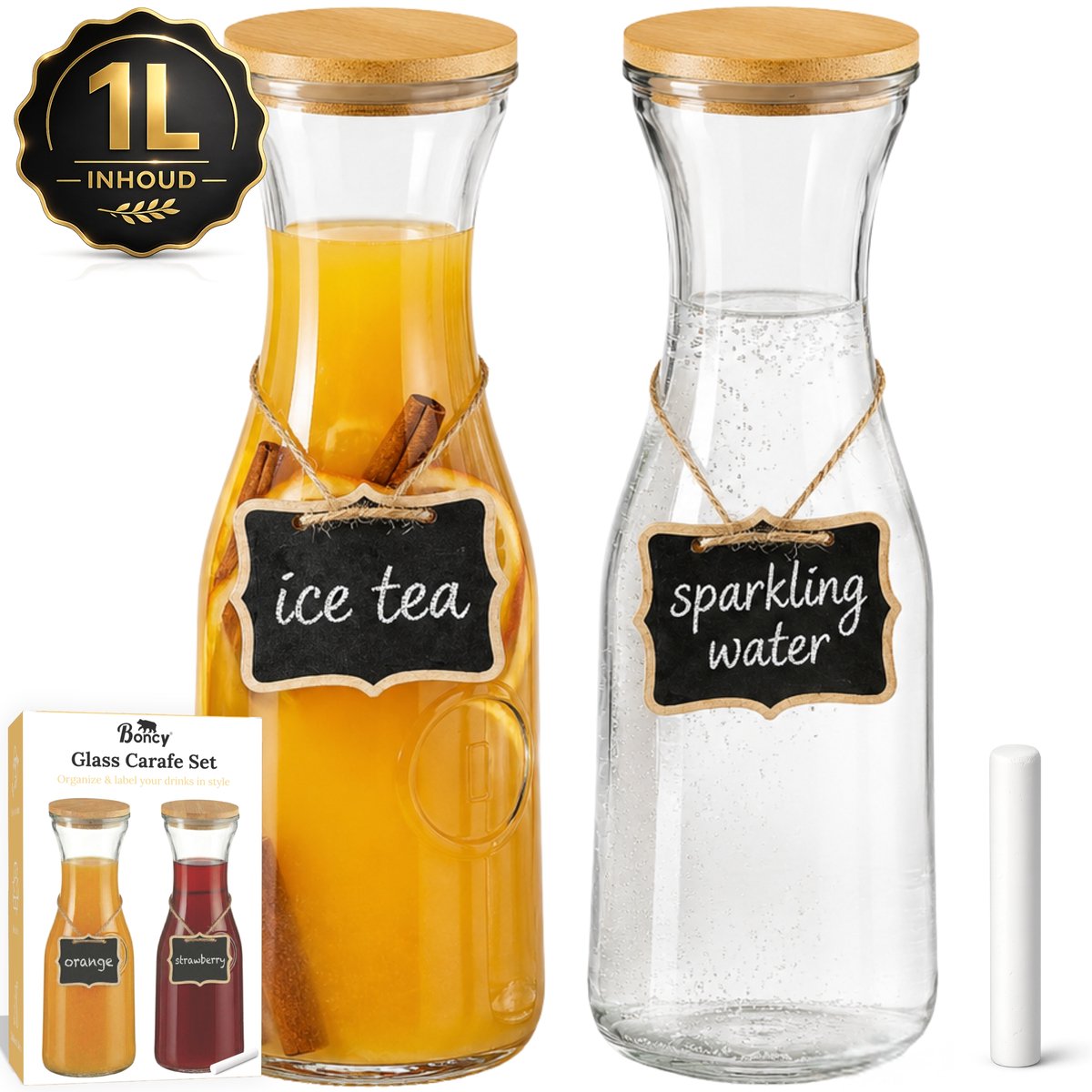 Boncy® Glazen Karaf - Set van 2 - Waterkan met Bamboe Deksel - Waterkaraf 1 Liter - Schenkkan van Glas - karaffen Water Kan Carafe