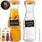 Boncy® Glazen Karaf - Set van 2 - Waterkan met Bamboe Deksel - Waterkaraf 1 Liter - Schenkkan van Glas - karaffen Water Kan Carafe