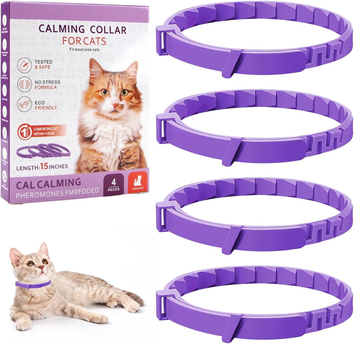 Calming Collar for Cats, 4 Pieces, Natural Anti-Stress with Pheromones, Purple, Size Adjustable and Effect of 30 Days - ShopVlot