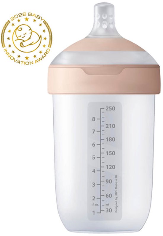 Biberon Difrax Mammafeel 250ml avec échelle et médaille 'Baby Innovation Award 2026'.