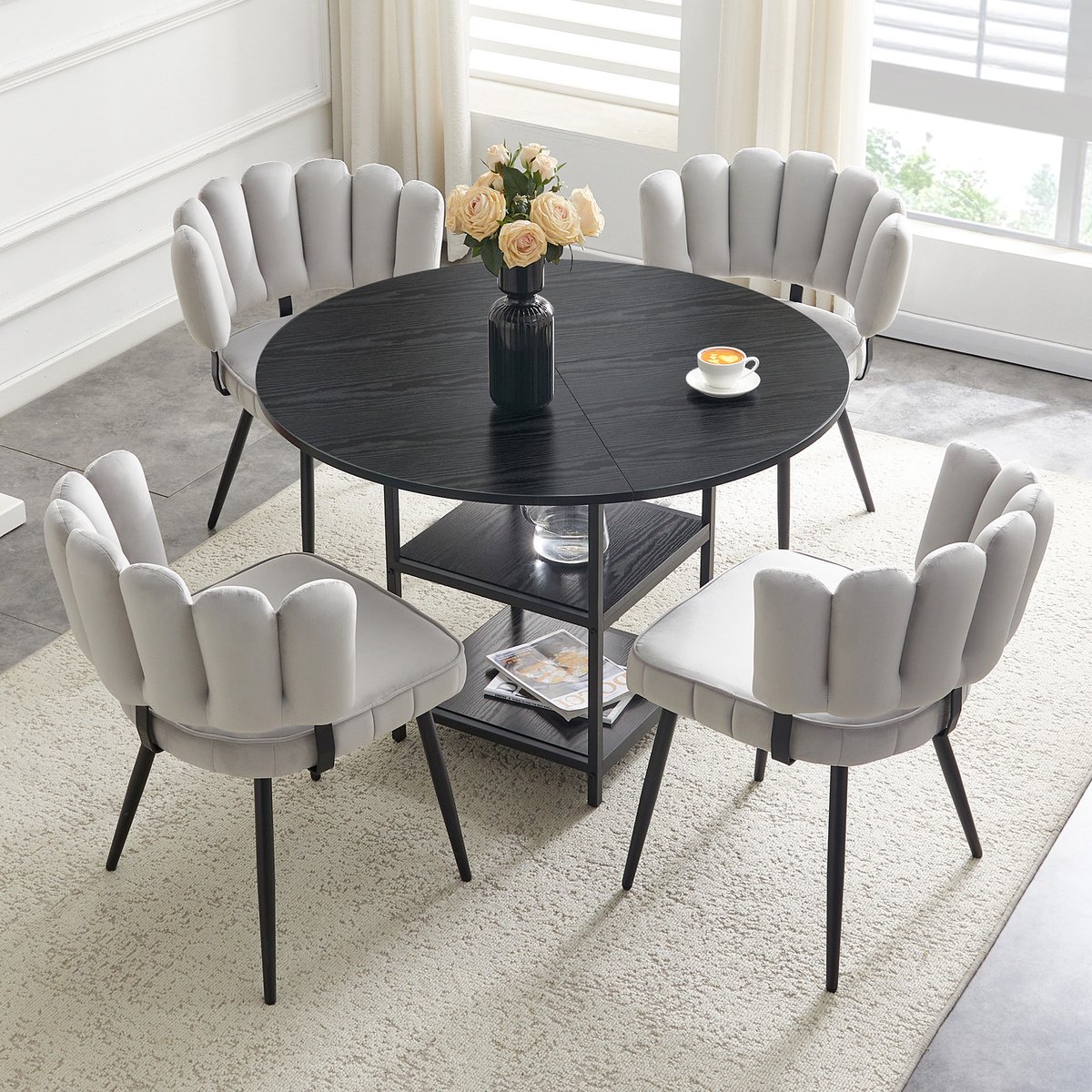 Wishdor Eettafelset met 4 stoelen - Ronde tafel 107 cm - Dubbele opberglagen - Industrieel design - Houtlook en metaal - Zwart en lichtgrijs - 75 cm