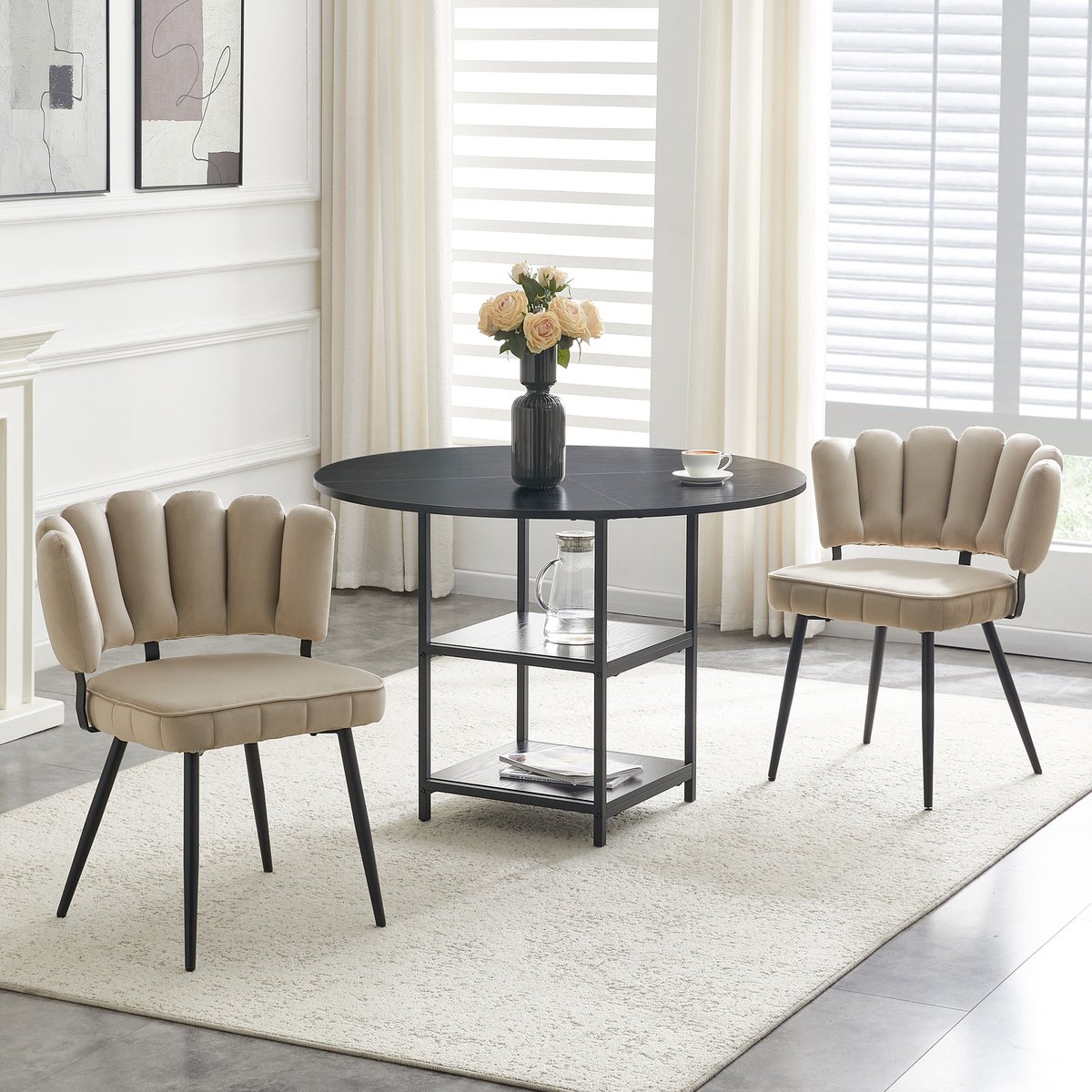 Wishdor Ronde eettafelset met 2 stoelen - Industrieel design - Dubbele opberglaag - Zwart en lichtbruin - MDF en metaal - 107 cm - Voor kleine ruimtes