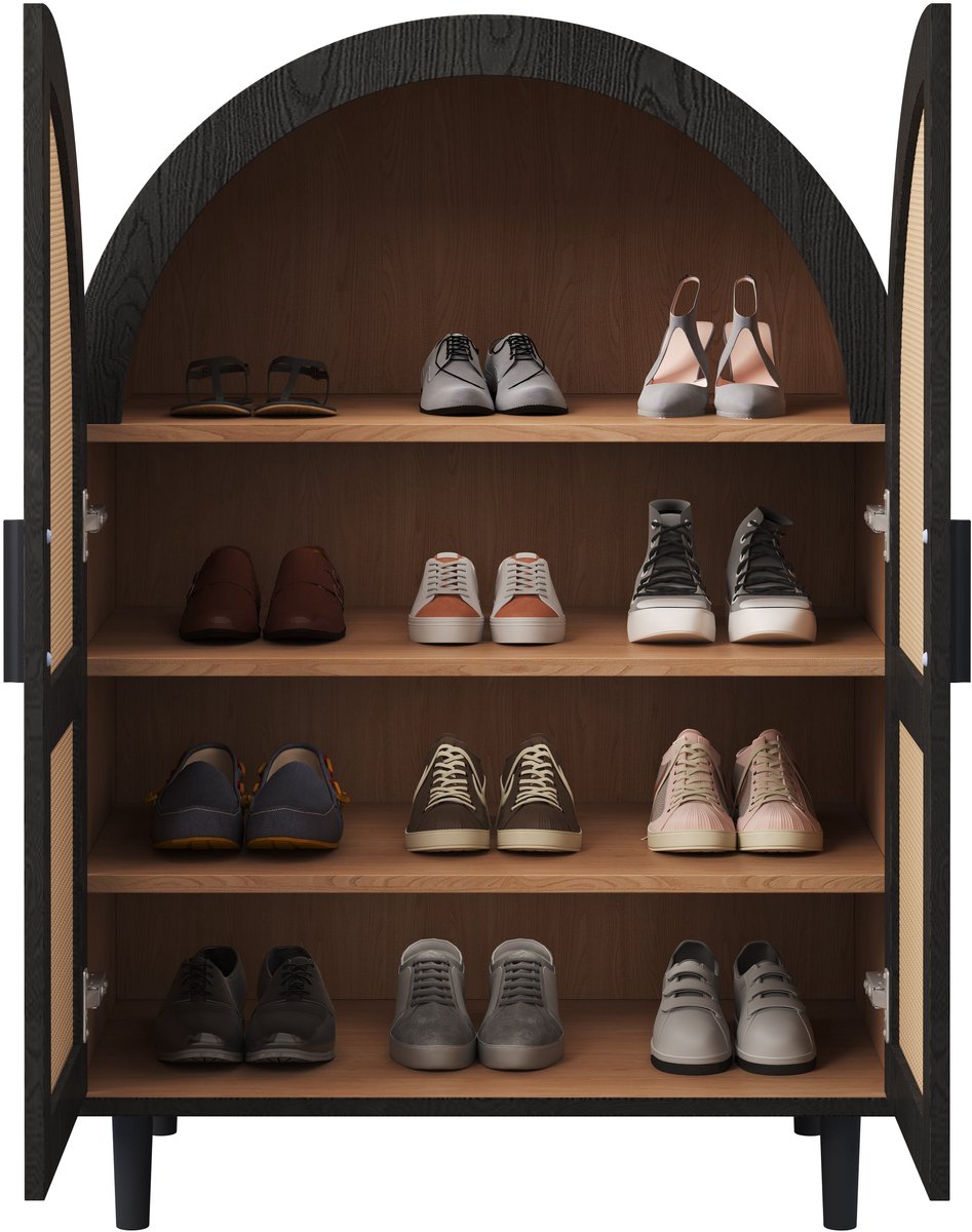 Merax Schoenenkast met Rotan Deuren - 70 x 40 x 100 cm - Houtkleur en Zwart - 3 Legplanken - 12 tot 15 Paar Schoenen - Halmeubel