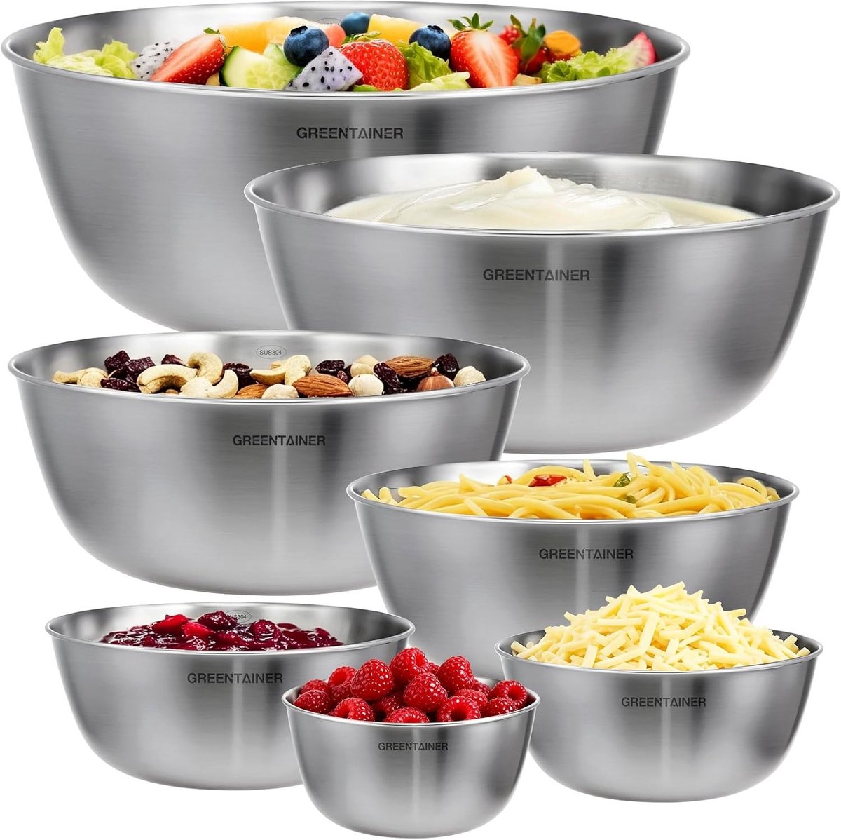 Set van 7 RVS Mengkommen voor Salades en Serveren, Stapelbare Keukenkommen van 0.35L tot 5.2L, Ideaal voor Bereiden en Presenteren van Gerechten