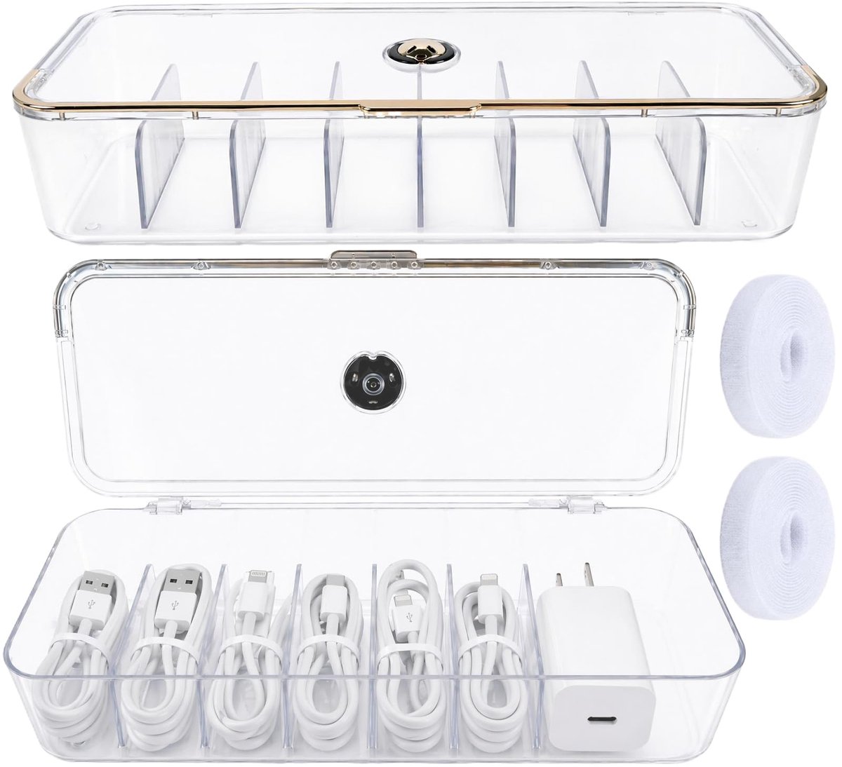 Kabelorganizers set van 2 met deksel - kabelopbergdoos met 7 verstelbare vakken - inclusief 2 rollen kabelbinders - ShopVlot