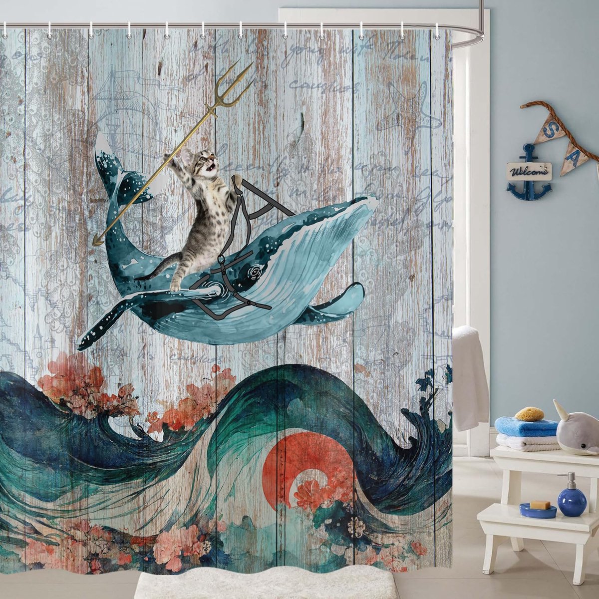 Douchegordijn 180 x 200 cm - grappige kat - vintage design - waterdicht polyester textiel - ShopVlot