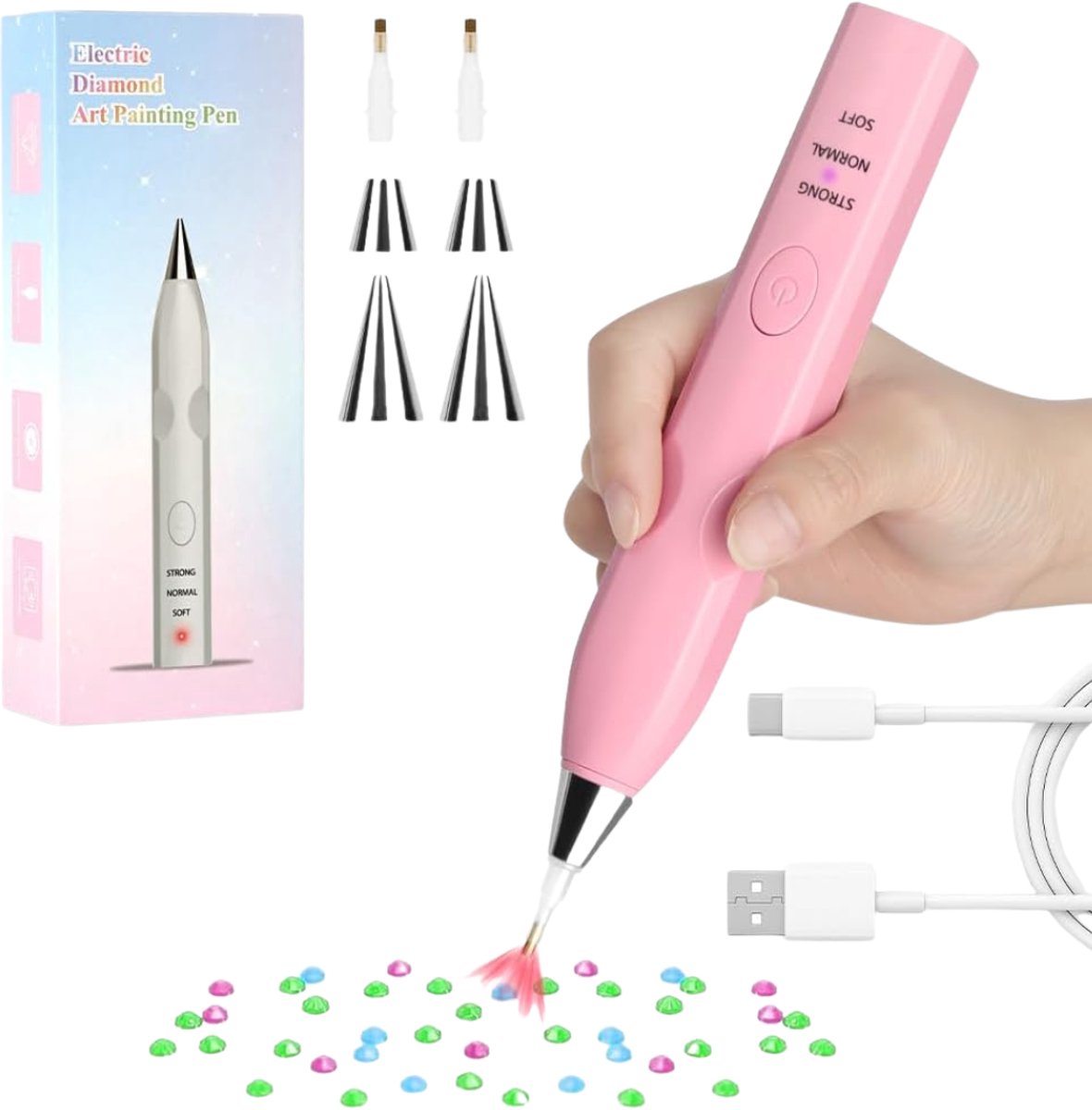 Verte Elektrische Diamond Painting Pen - Stille Draadloze Vacuüm-Diamantkunstaccessoires Met 3 Zuigstanden En 2 Vervangende Zuigkoppen - Duurzaam En Oplaadbaar (Roze)