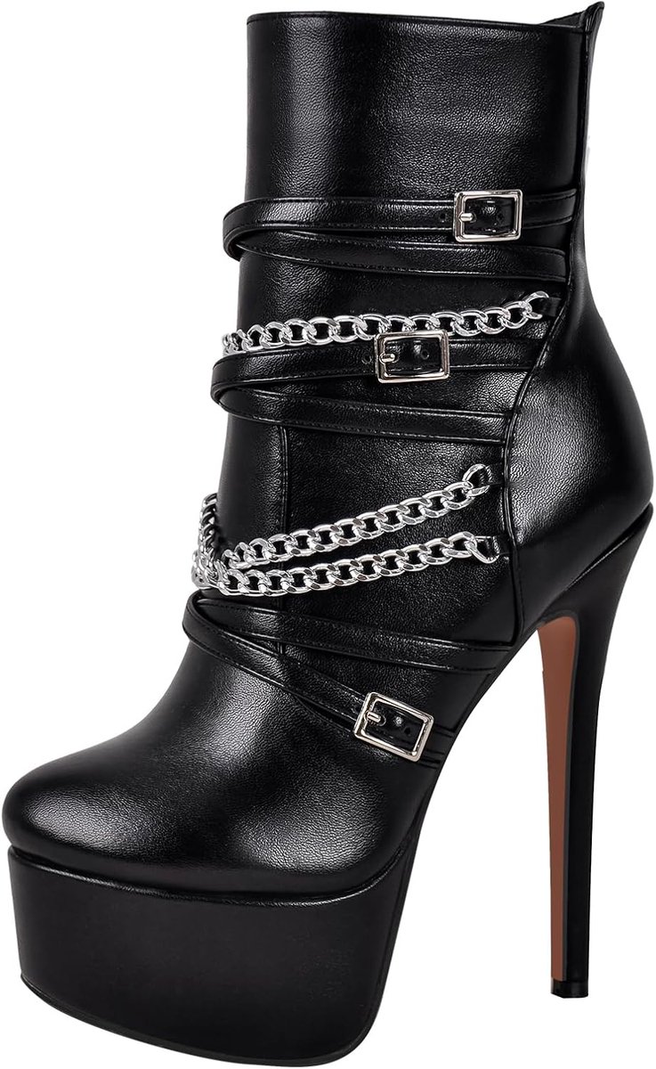 MissHeel Plateaulaarzen met naaldhak, sexy stilettos, versierde metalen kettingen, zwart, 41 EU - ShopVlot