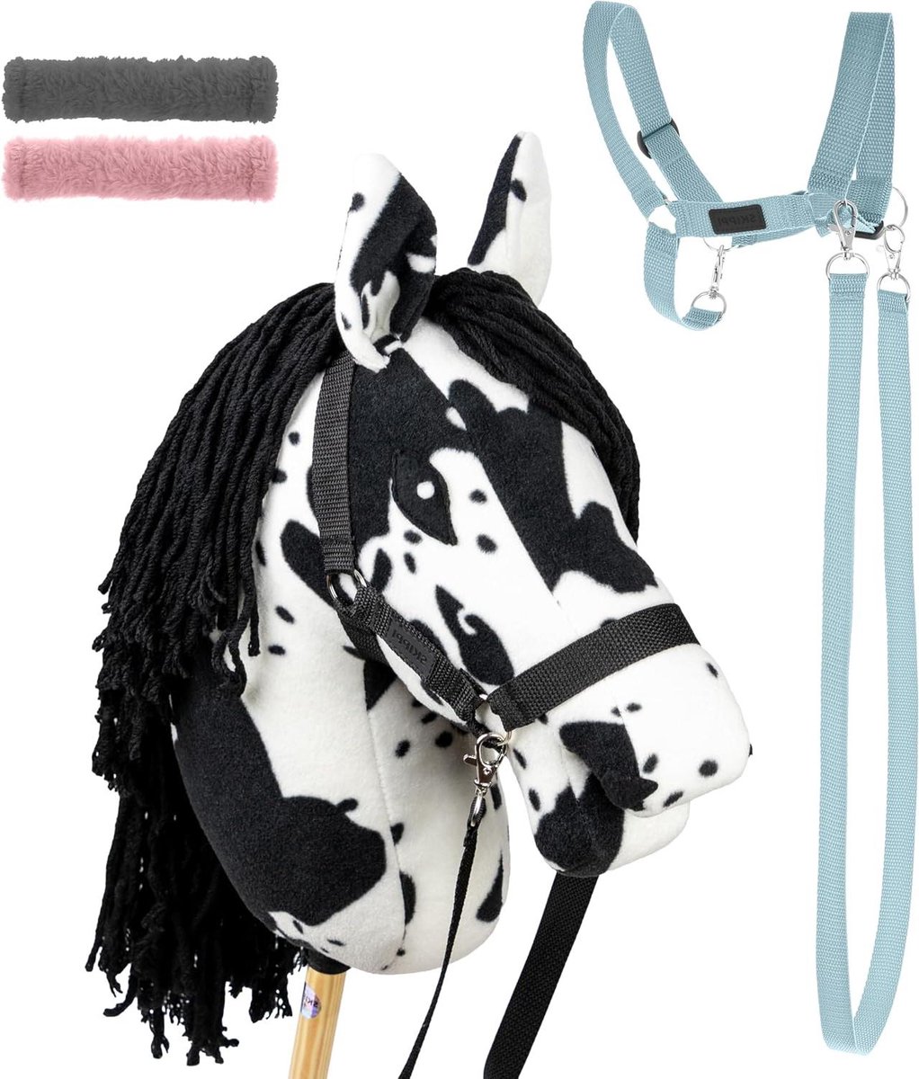 Stokpaard Set - Hobby Horse - Paardrijden Spelen - Handgemaakt in Europa - 62 cm - Zwart Bonte