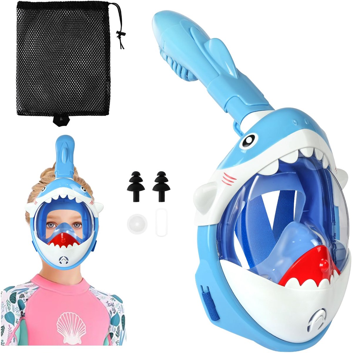 Snorkelmasker full face kids - Shark design - 180° zicht - Veilig snorkelen met verbeterd ademhalingssysteem - ShopVlot