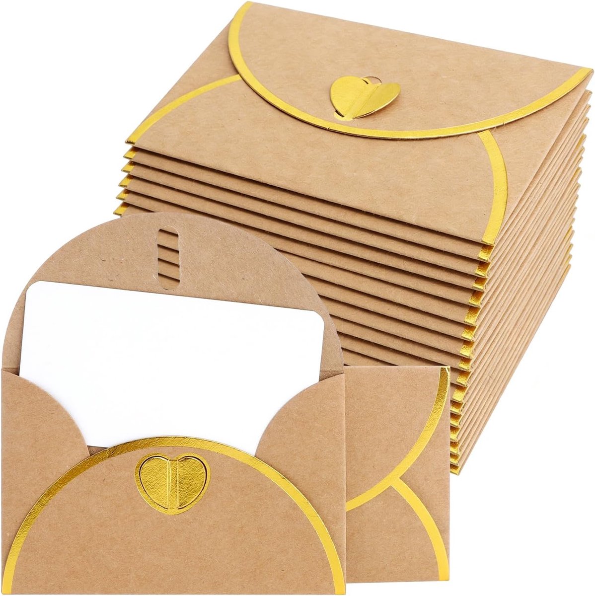 Set van 15 mini-enveloppen - Kraftpapieren enveloppen - Goudfoliedruk - Hartvormige sluiting - Vintage mini-enveloppenset - Geschikt voor cadeaukaarten, zelfgemaakte uitnodigingen, Valentijnsdag en bruiloften - 10,5 x 7,1 cm