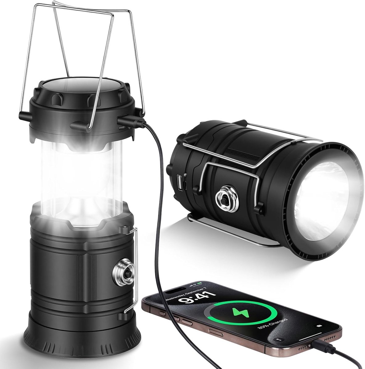 Draagbare LED-lantaarn met oplaadbare batterij voor kamperen, tuin, vissen en noodverlichting - waterdicht en met opvouwbare haak