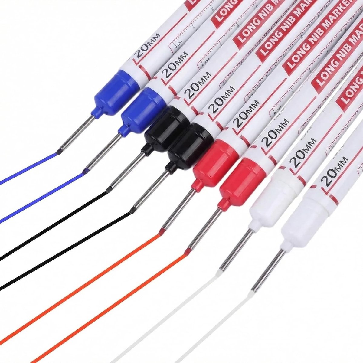 Diepe gaten markers set van 8 stuks met 20mm lange punt, waterdichte markeerstiften voor hout, metaal, plastic en karton, ideaal voor bouwprojecten en wandconstructie (zwart, blauw, rood en wit)