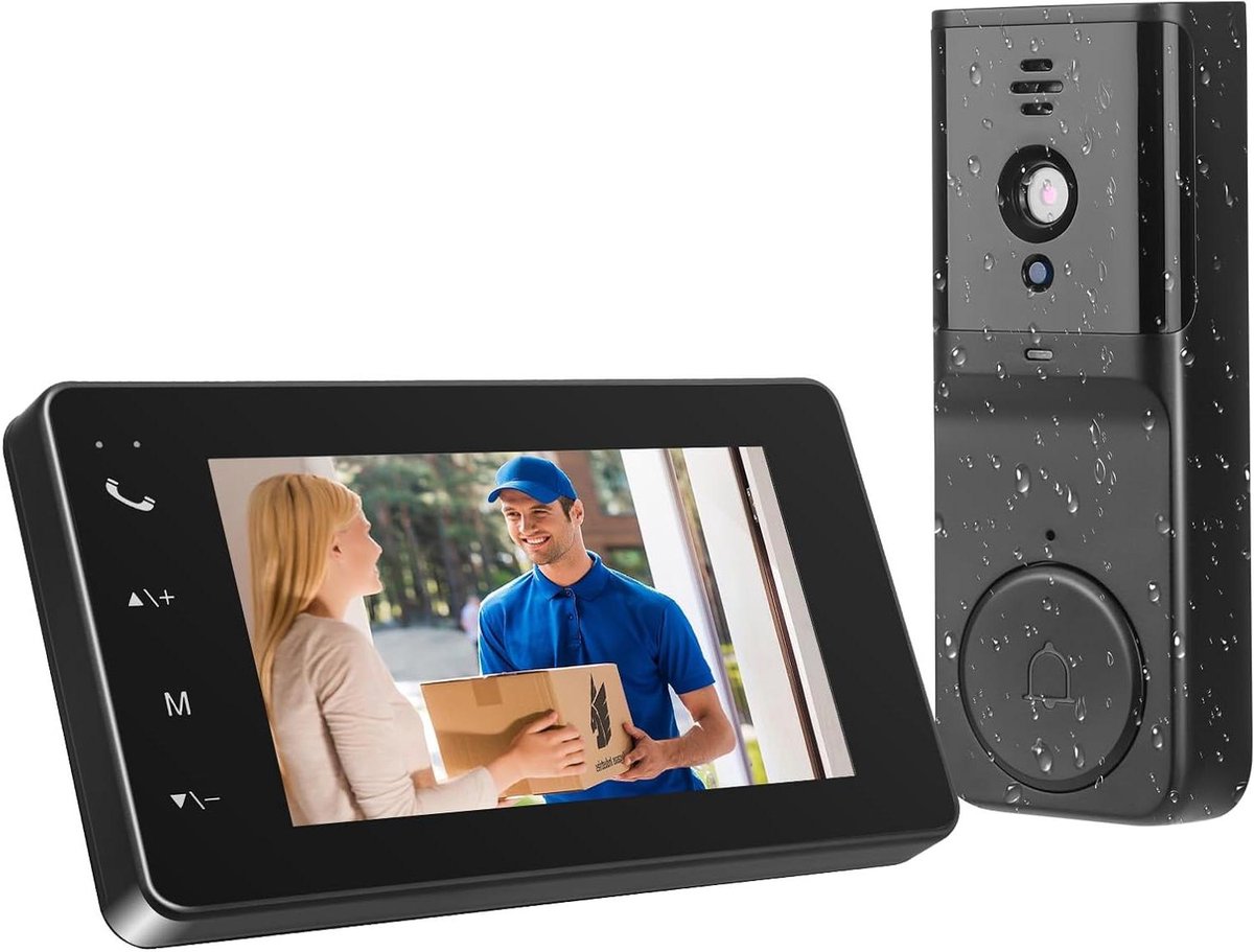 Draadloze Deurbel Camera - Video Intercom - Bezoekers Ontvangen - Geen Wifi Nodig - 4.3 inch Scherm - Zwart
