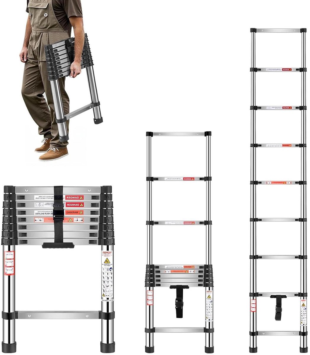 Telescopische ladder - Intrekbare ladder - Klus op hoogte - Verbrede treden - 26 meter - Zilver