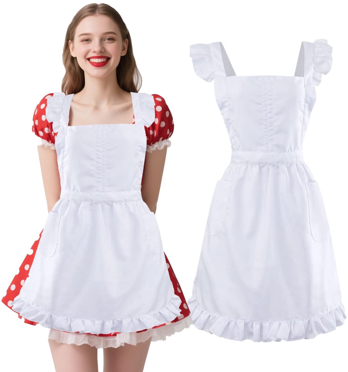 Klassieke vintage schort dames - wit helder - met zak - ideaal voor Halloween feest - ShopVlot