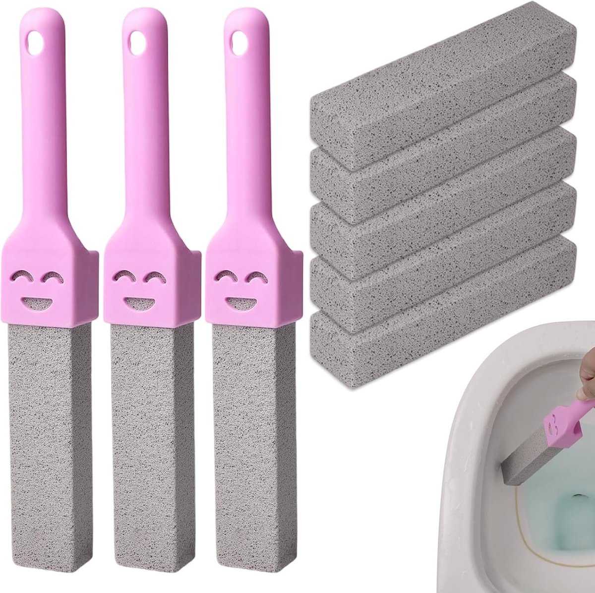 Toiletreinigingsblok van puimsteen, 8 stuks met 3 handvatten, ideaal voor toilet, badkuip en wastafel reinigen