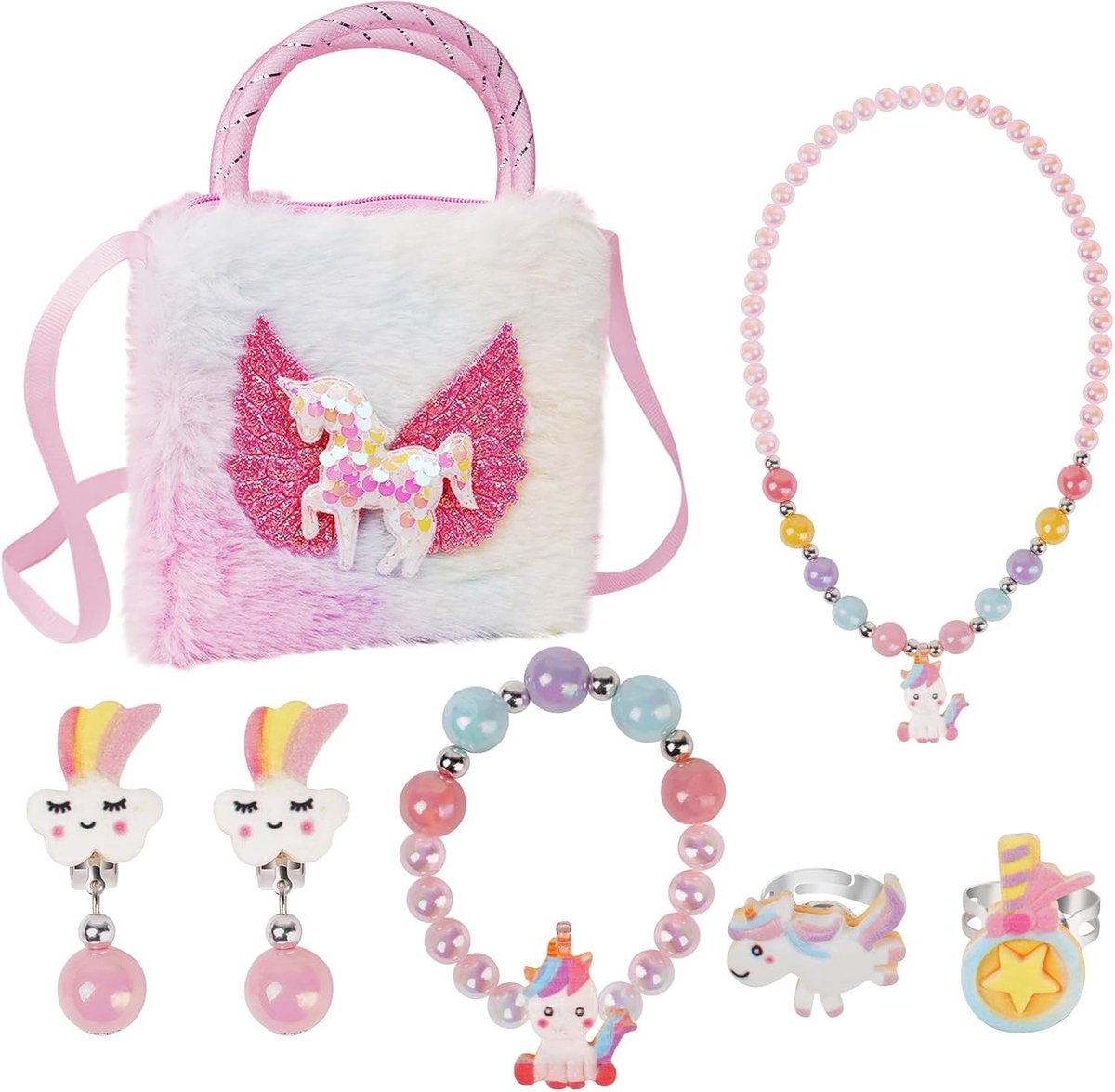 Unicorn Crossbody Tas en Portemonnee met Sieradenset - Perfect voor Prinsessen en Feestjes