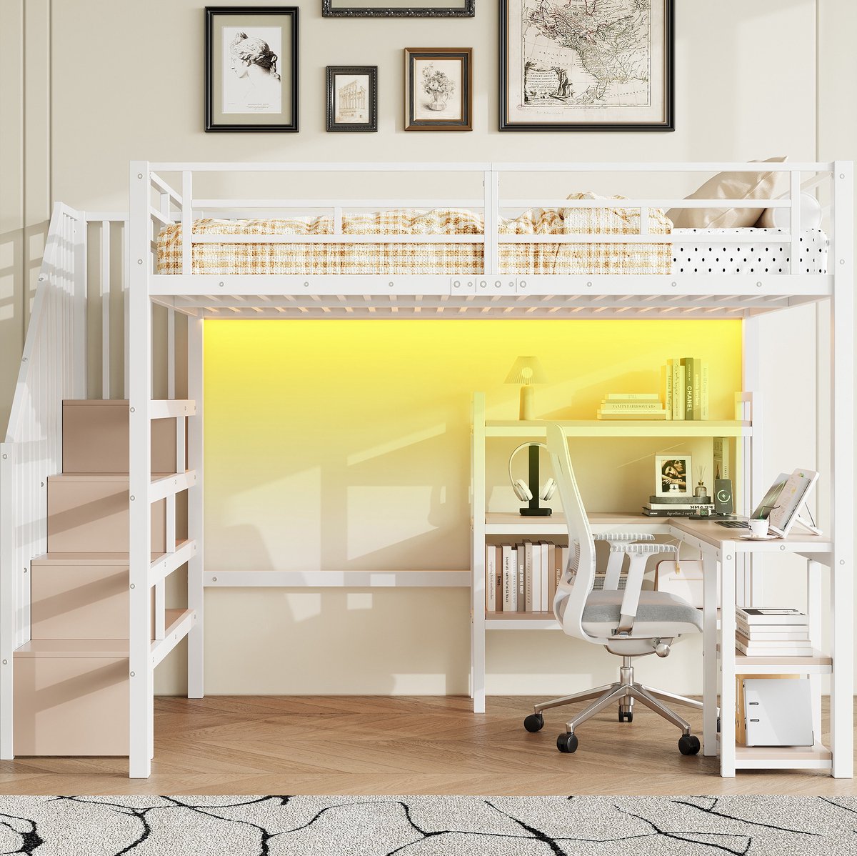 Wishdor Hoogslaper 140x200 cm - Met bureau, trap, opbergruimte, LED-verlichting en USB-laadstation - Metaal en MDF - Wit