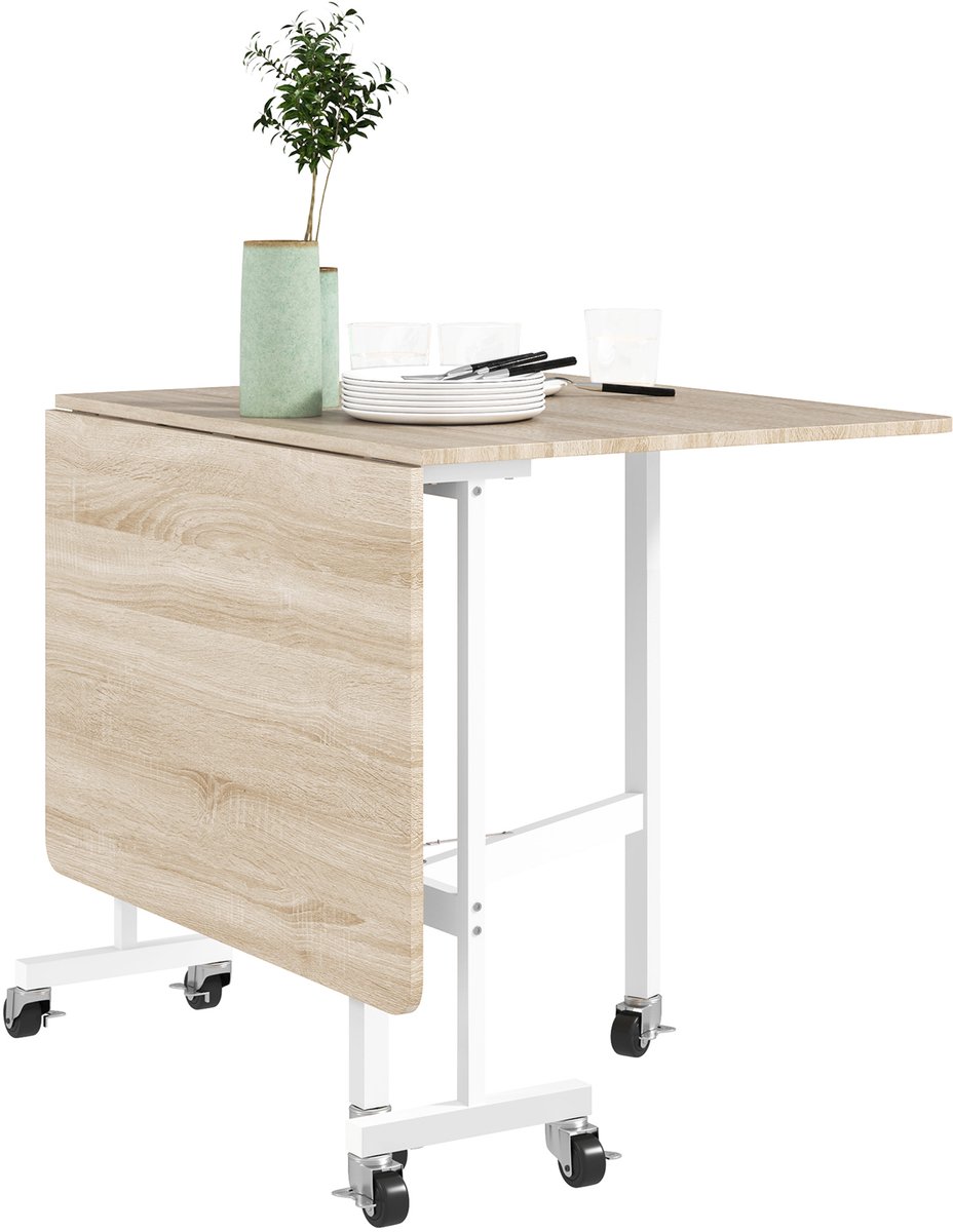 Homcom Klaptafel - Inklapbaar met wielen voor zes personen - Eettafel - Keukentafel - Eiken Eiken, wit
