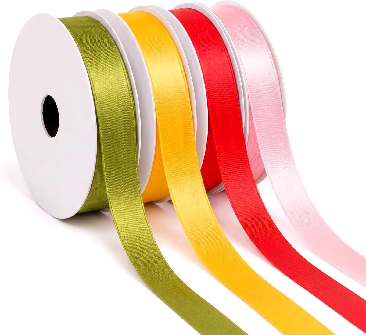 4 Rollen Satijnlint 45 m x 9 mm in Rood, Geel, Groen en Roze voor Cadeauverpakking, Bruiloftsdecoratie en Strikken