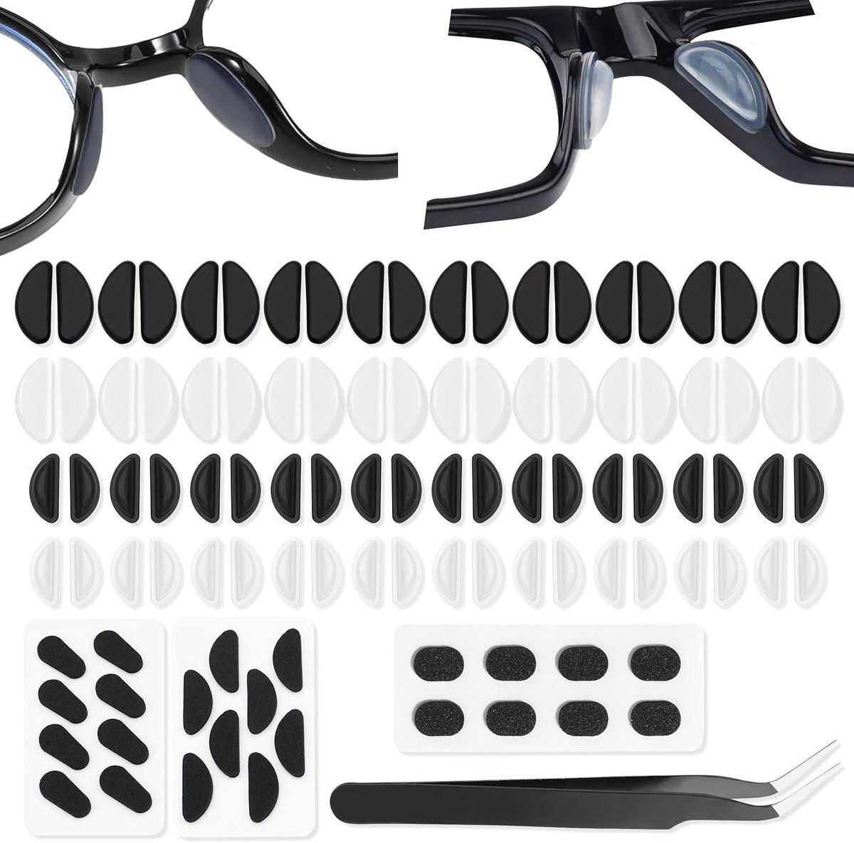 Zelfklevende Neussteunen voor Brillen, 52 Paar Antislip Neuspads, Transparante en Zwarte Silicone Neussteunen met Pincet voor Optimale Comfort en Stabiliteit