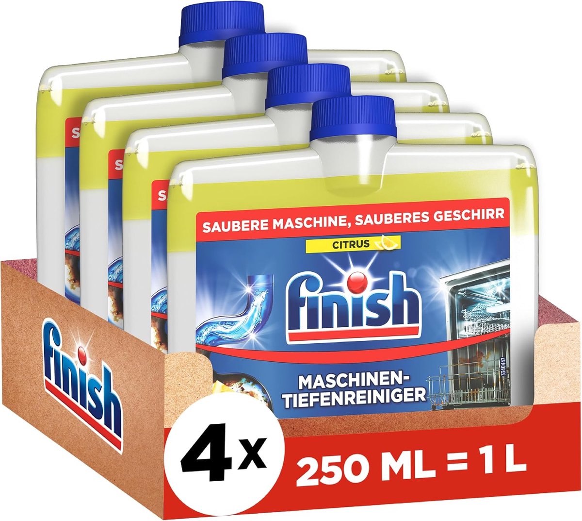 Finish Citrus Vaatwasmachinereiniger – 4 x 250 ml – Deep Cleaner voor de Vaatwasser – Verwijdert Vet & Vuil – Frisse Citrusgeur