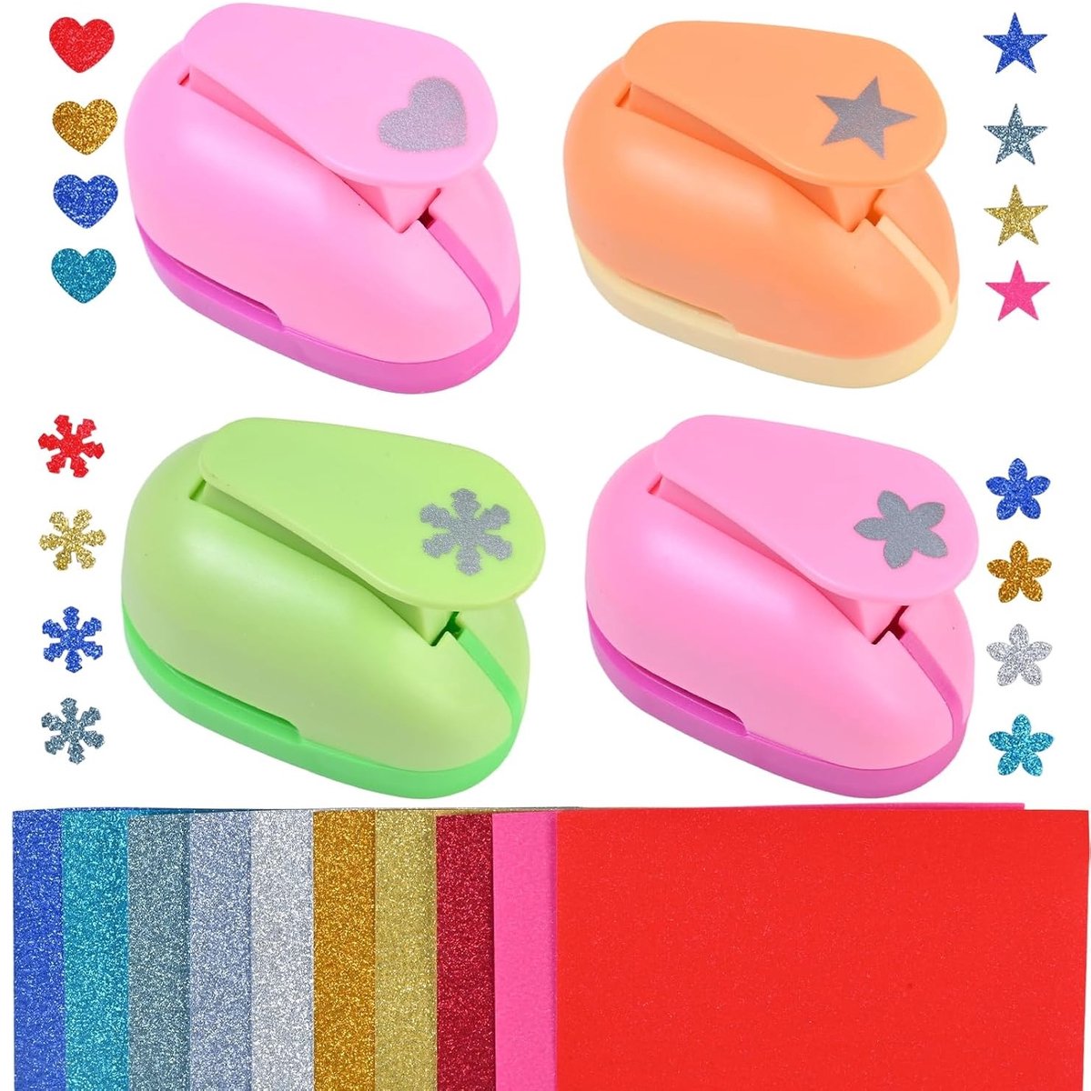 Papier Snijset met 4 Stukken en 20 Glanzende Vellen in Ster, Hart, Sneeuwvlok en Bloem voor Scrapbooking en DIY Kaarten